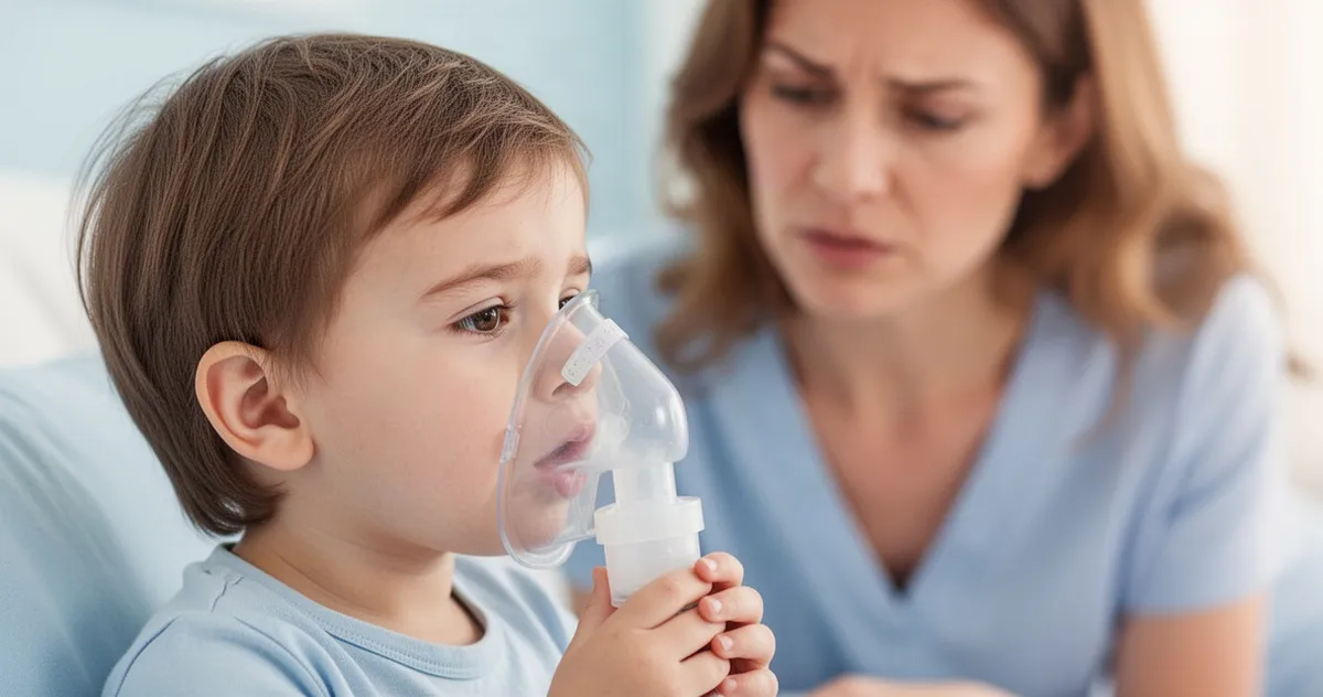 Małe dziecko korzystające z inhalatora nebulizatora, w tle zarys sylwetki troskliwej matki w jasnych, łagodnych barwach.