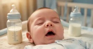 Śpiące niemowlę z lekko otwartymi ustami w przytulnym pokoju z butelką mleka w tle, utrzymane w ciepłej kolorystyce.