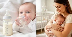 Niemowlę pijące mleko z butelki obok matki karmiącej piersią w przytulnym, jasnym pokoju dziecięcym.