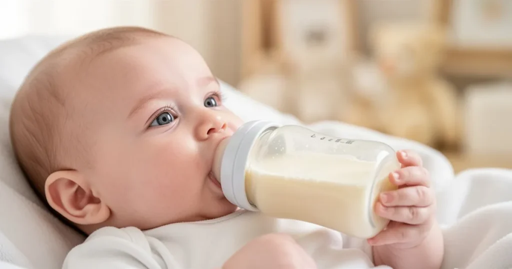Niemowlę pijące mleko modyfikowane z butelki w przytulnym, jasnym wnętrzu.