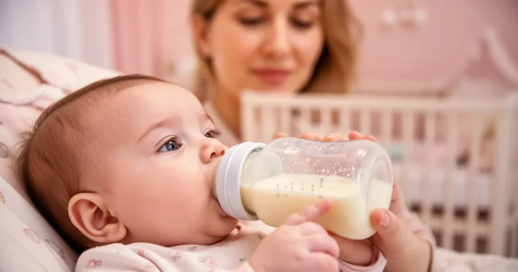 Niemowlę pijące mleko modyfikowane z butelki w przytulnym pokoju, w tle zarys twarzy mamy w ciepłym świetle.