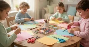Dzieci przy drewnianym stole tworzą prace plastyczne z kolorowego papieru i przyborów artystycznych w przytulnym wnętrzu.