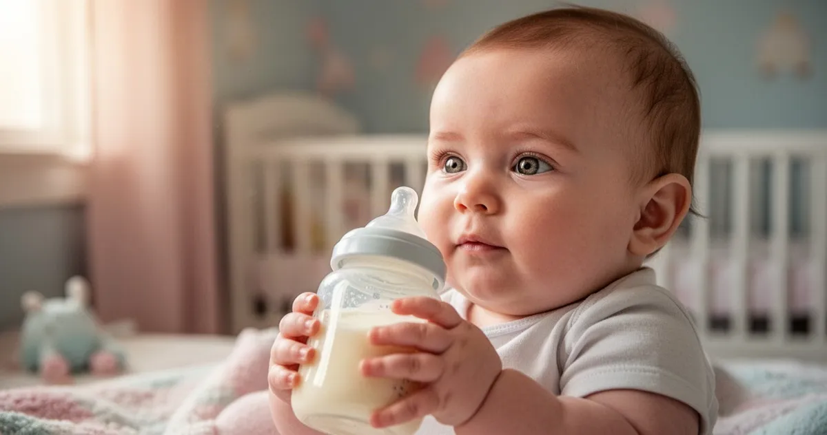 Niemowlę trzymające butelkę z mlekiem w przytulnym pokoju dziecięcym o delikatnym, naturalnym oświetleniu.
