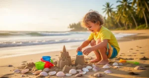 Dziecko budujące zamek z piasku na słonecznej plaży w świetle zachodzącego słońca.
