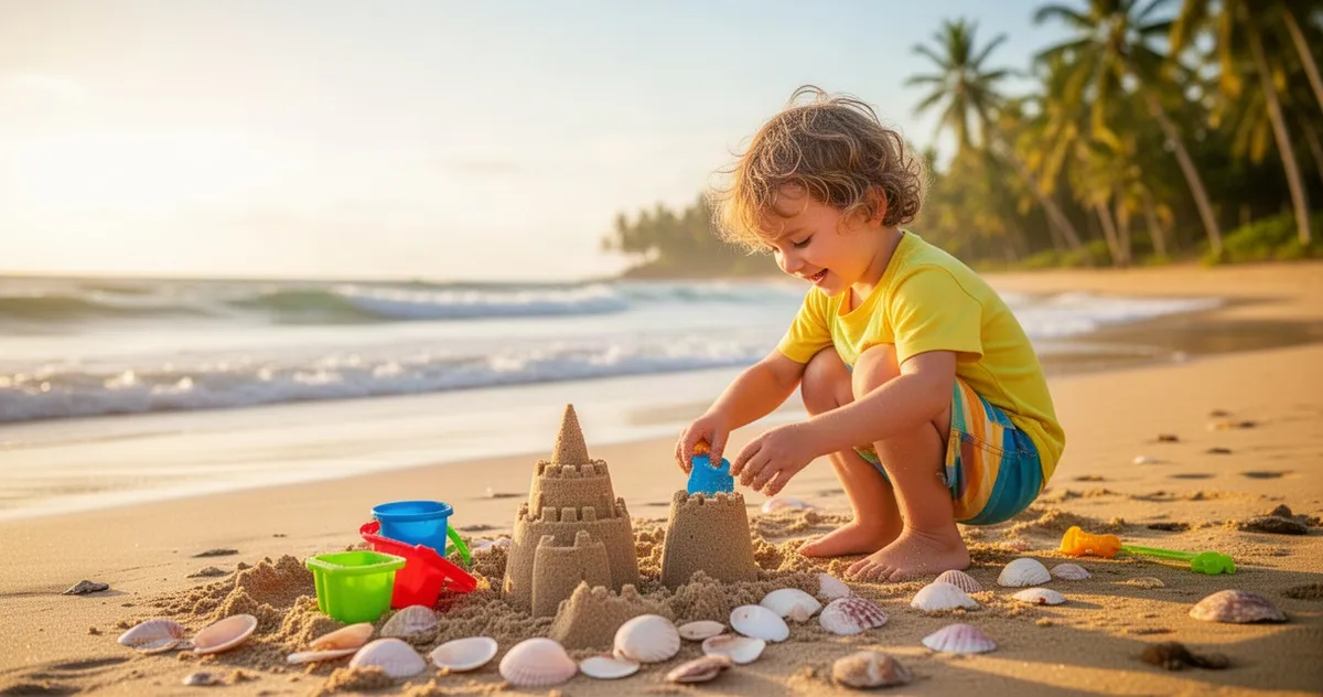 Dziecko budujące zamek z piasku na słonecznej plaży w świetle zachodzącego słońca.