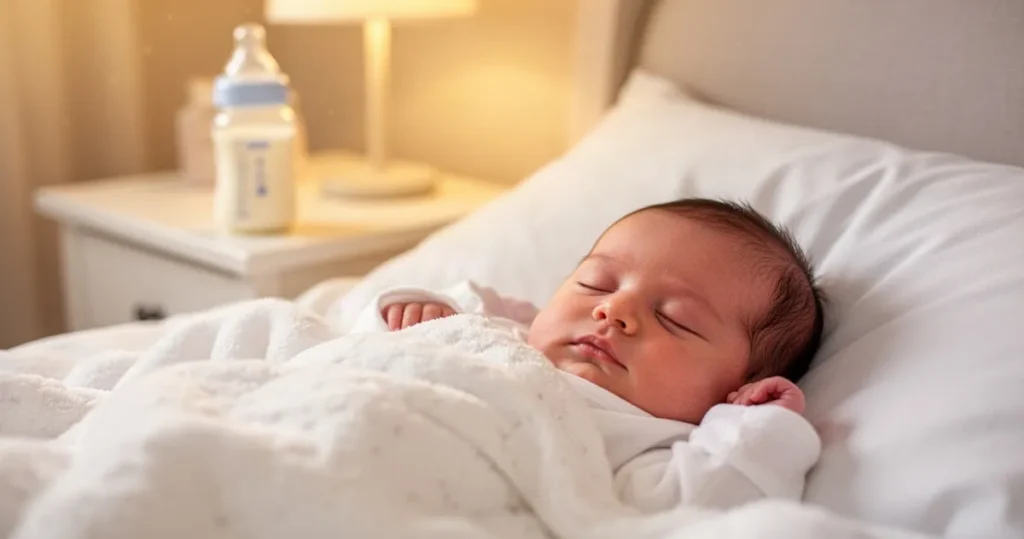 Śpiący noworodek w miękkiej, białej pościeli; w tle na szafce nocnej butelka z mlekiem modyfikowanym w ciepłym świetle.