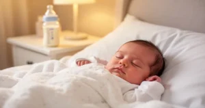 Śpiący noworodek w miękkiej, białej pościeli; w tle na szafce nocnej butelka z mlekiem modyfikowanym w ciepłym świetle.