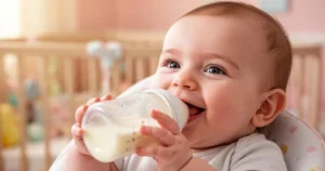 Szczęśliwe niemowlę pijące mleko z butelki w przytulnym pokoju dziecięcym o miękkim, naturalnym oświetleniu.