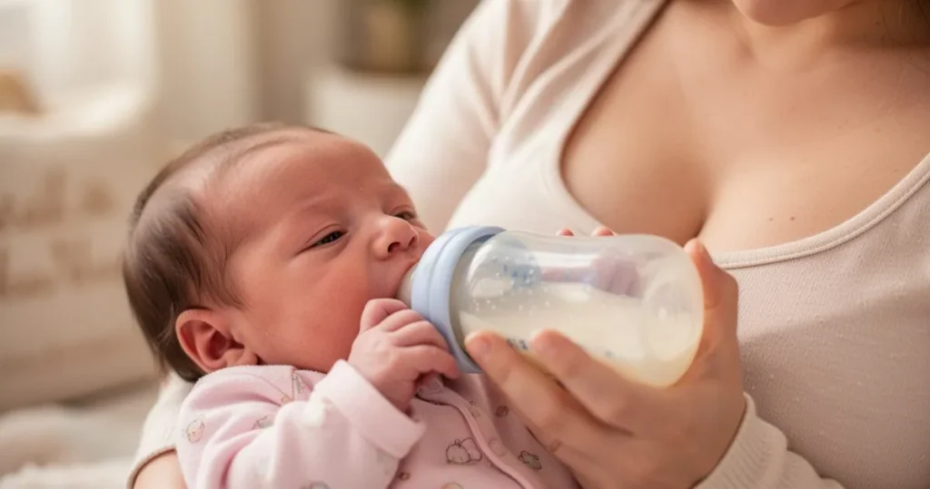Noworodek pijący mleko z butelki trzymanej przez matkę, w tle niewyraźna sylwetka matki, przytulne i ciepłe wnętrze.