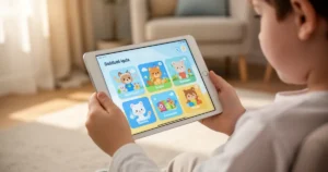 Dziecięce dłonie trzymające tablet z kolorowymi treściami edukacyjnymi w przytulnym, domowym wnętrzu.