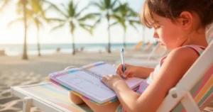 Dziecko piszące w kolorowym kalendarzu na leżaku plażowym w promieniach porannego słońca z palmami i oceanem w tle.