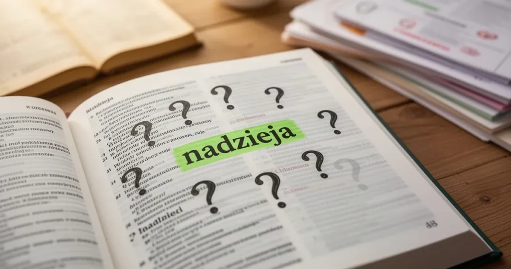 Otwarte słowniki z zaznaczonym słowem „nadzieja” otoczone znakami zapytania na drewnianym biurku.