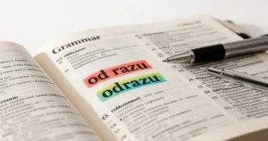 Otwarta książka z gramatyki z wyróżnionymi wyrazami „od razu” i „odrazu”, gdzie długopis wskazuje poprawną pisownię.