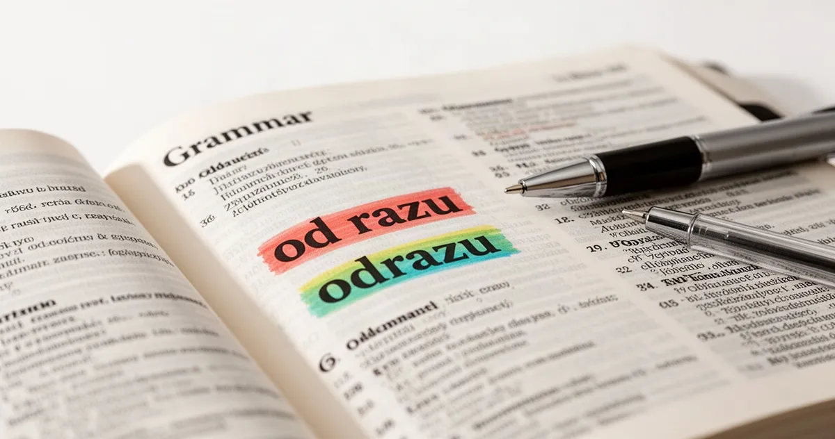 Otwarta książka z gramatyki z wyróżnionymi wyrazami „od razu” i „odrazu”, gdzie długopis wskazuje poprawną pisownię.