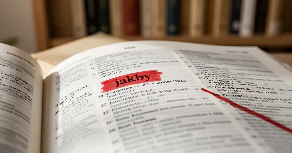 Zbliżenie na otwarty słownik z zakreślonym czerwonym długopisem słowem „jakby” na rozmytym tle regału z książkami.