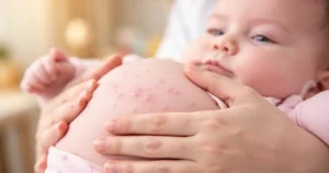 Delikatne dłonie matki trzymające niemowlę z widoczną lekką wysypką na skórze w domowym zaciszu.