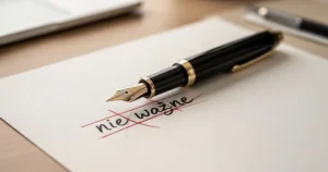 Wieczne pióro na kartce papieru z przekreślonym napisem „nie ważne” i poprawioną pisownią łączną.
