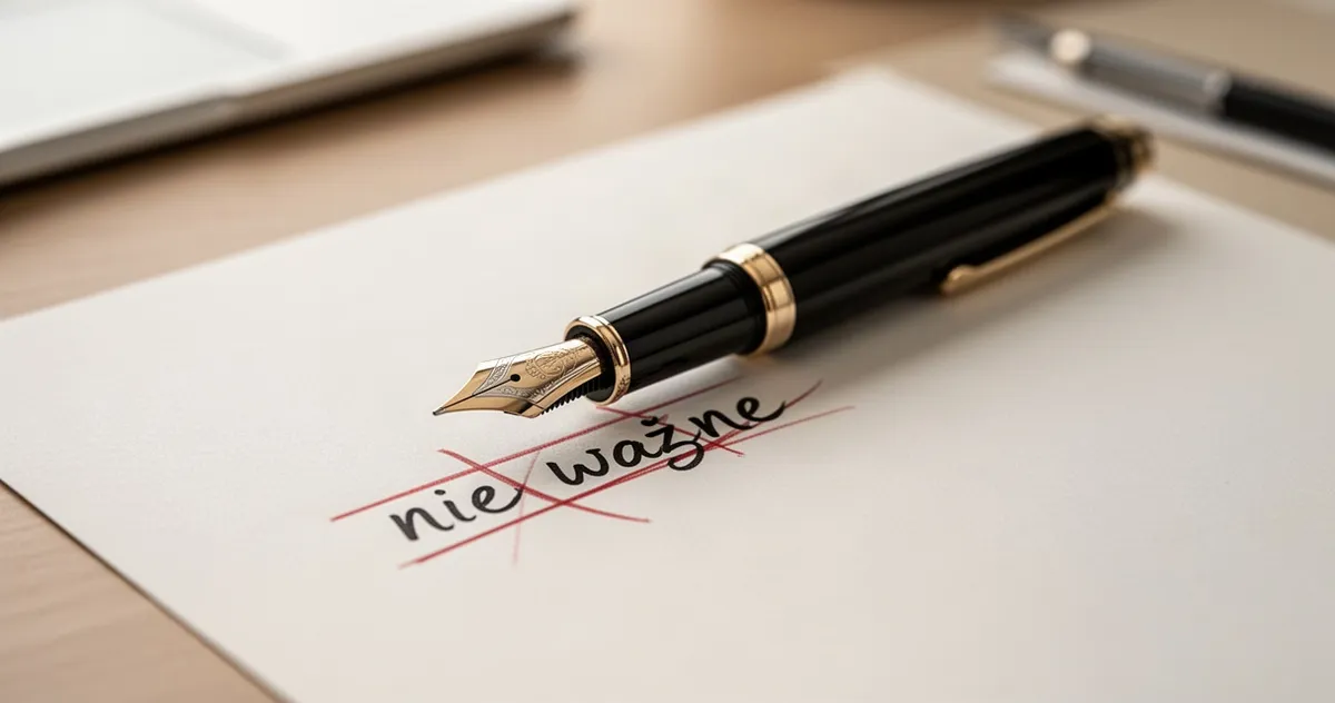 Wieczne pióro na kartce papieru z przekreślonym napisem „nie ważne” i poprawioną pisownią łączną.