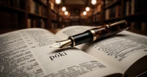 Wieczne pióro leżące na otwartym słowniku z wyraźnie widocznym słowem „póki” na tle rozmytego wnętrza biblioteki.