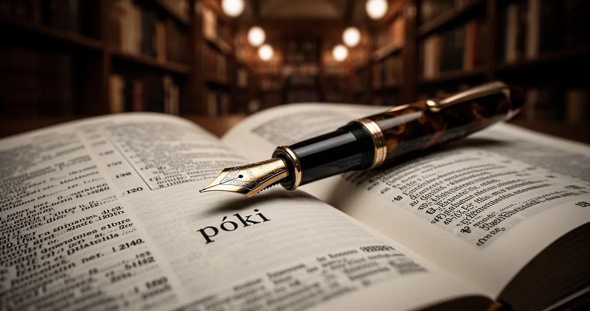Wieczne pióro leżące na otwartym słowniku z wyraźnie widocznym słowem „póki” na tle rozmytego wnętrza biblioteki.