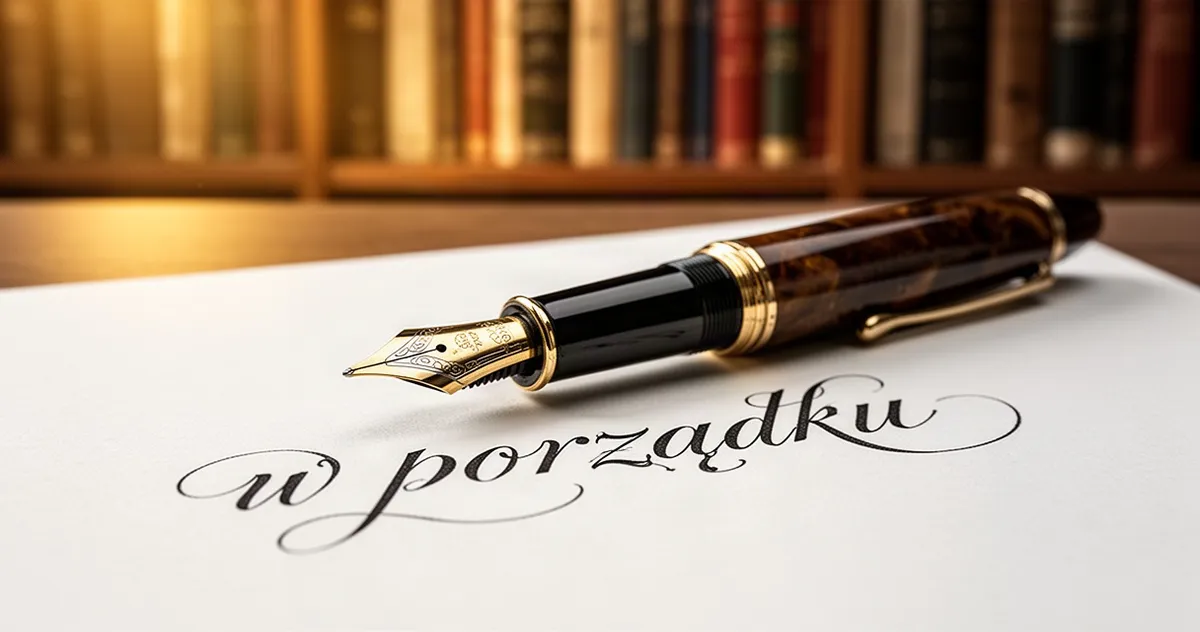 Wieczne pióro leżące na kartce papieru z kaligraficznie zapisanym zwrotem „w porządku” na tle bibliotecznych półek.