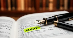 Wieczne pióro leżące na otwartym słowniku z zaznaczonym słowem „znad” na tle biblioteki.