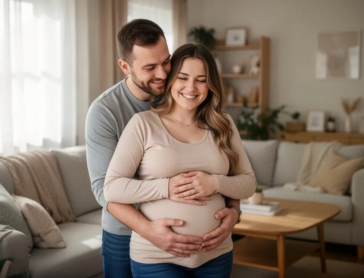 Para podczas domowej sesji ciążowej w salonie