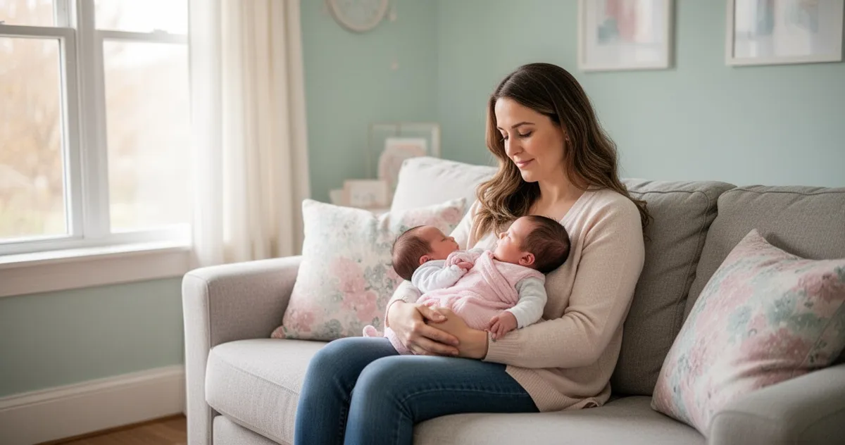 Mama odpoczywająca z noworodkiem na sofie w spokojnym domu
