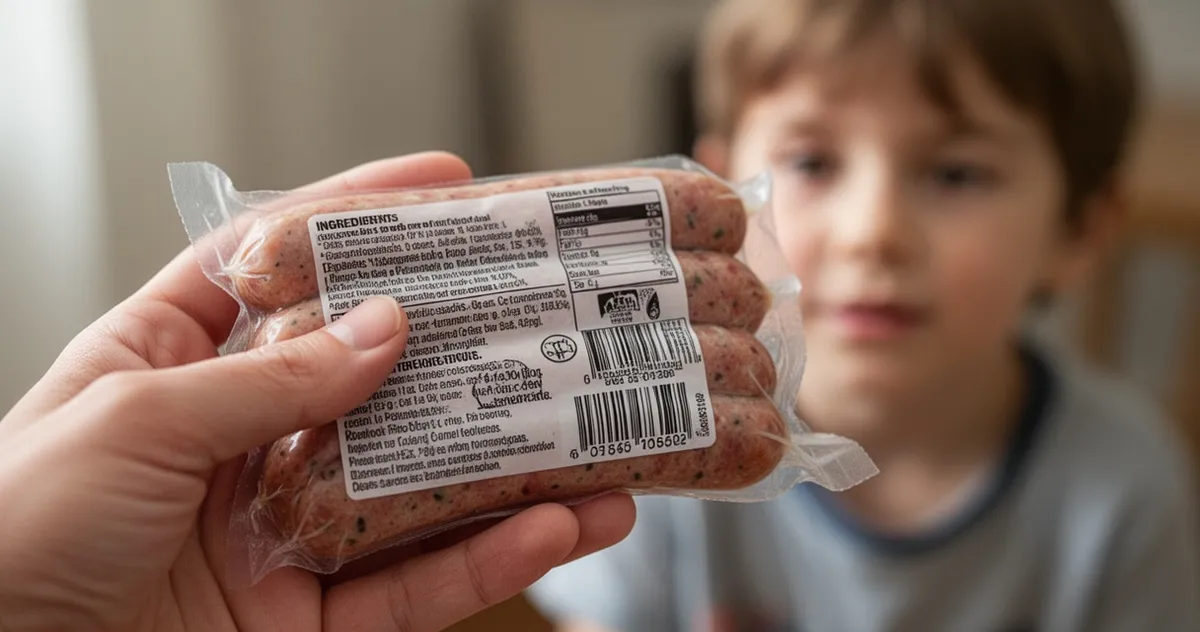 Rodzic czytający skład parówek na etykiecie produktu