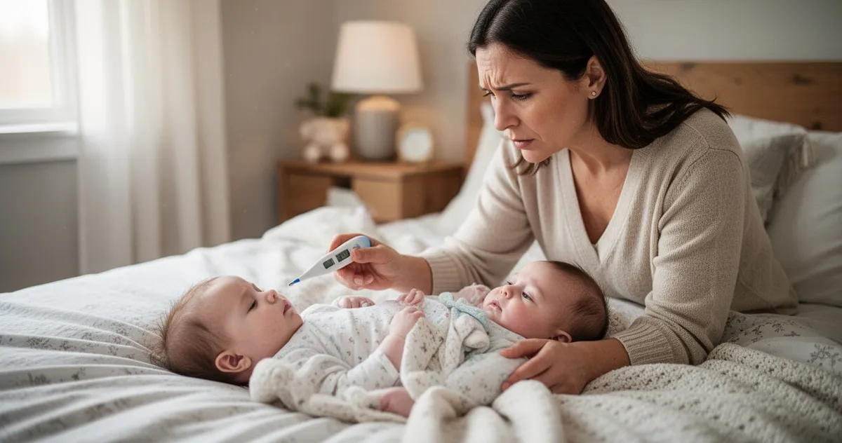 Mama sprawdzająca temperaturę chorego niemowlęcia