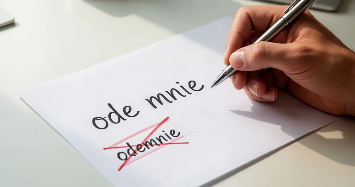 Ręka zapisująca poprawną formę 'ode mnie' i przekreślająca błędną 'odemnie' na kartce papieru