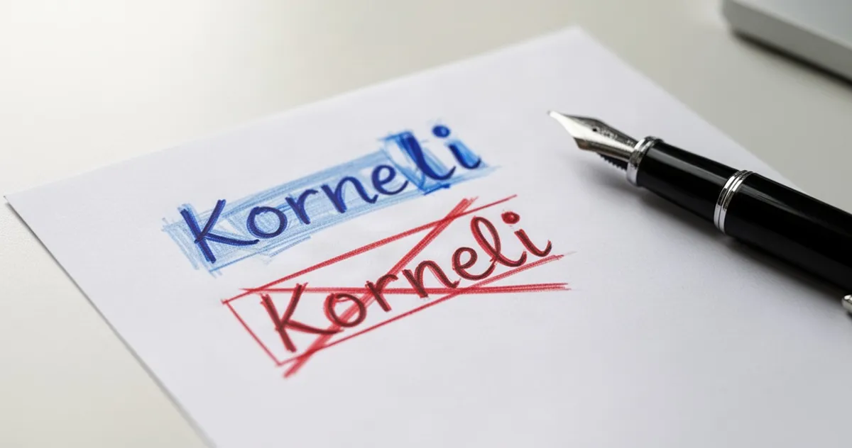 Ręcznie zapisane formy Kornelii i Korneli z zaznaczoną różnicą w pisowni