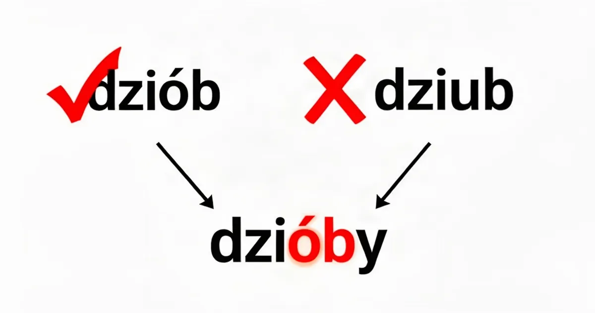 Porównanie poprawnej pisowni dziób i błędnej dziub z wyjaśnieniem wymiany ó na o