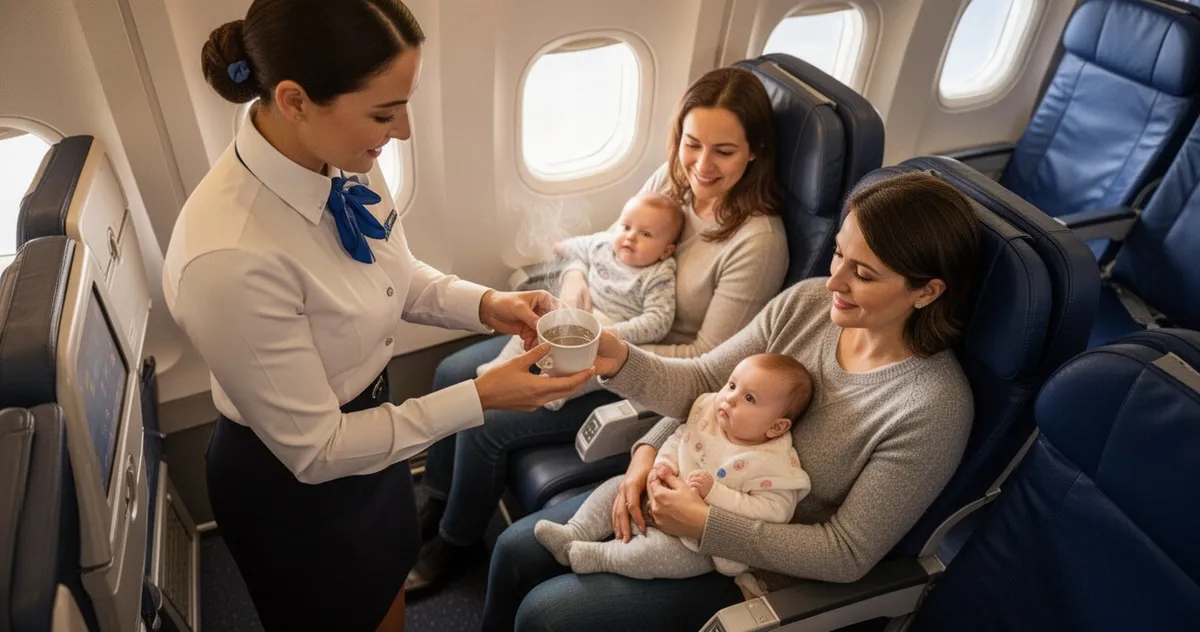 Stewardesa podająca ciepłą wodę rodzicowi z dzieckiem na pokładzie samolotu