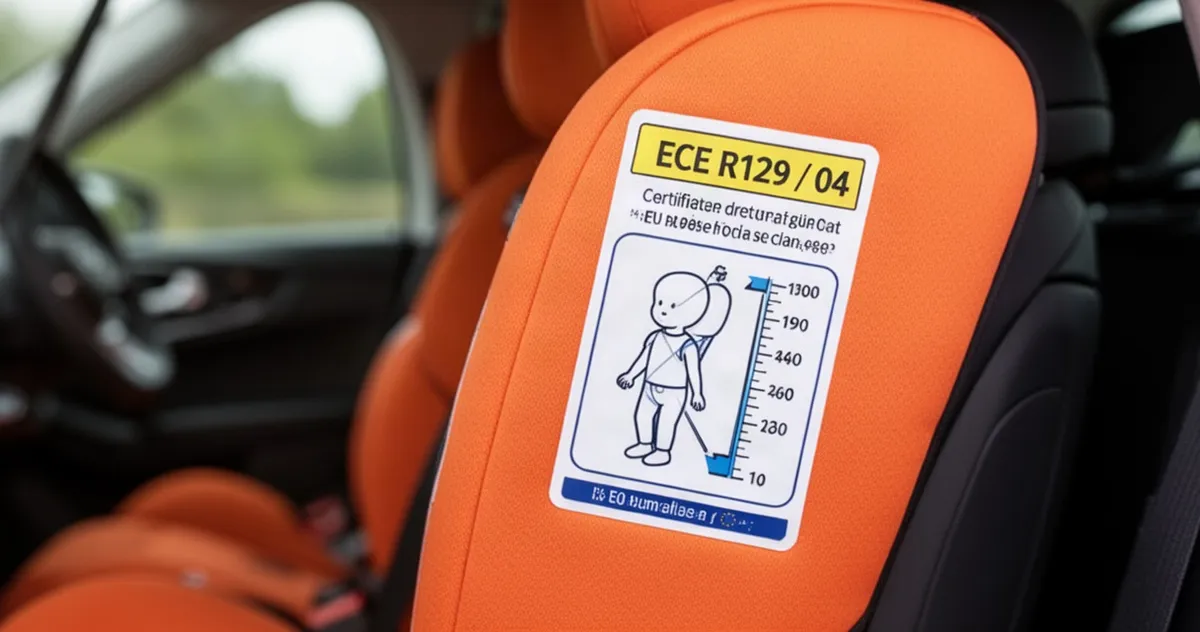 Pomarańczowa naklejka homologacyjna ECE R129 na foteliku samochodowym