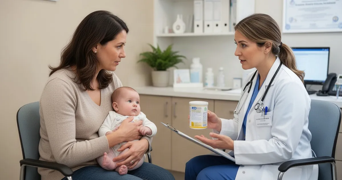 Rodzic konsultujący się z pediatrą w sprawie zmiany mleka modyfikowanego dla niemowlęcia