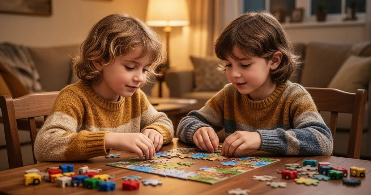 Rodzeństwo układające puzzle przy stole w domowym zaciszu