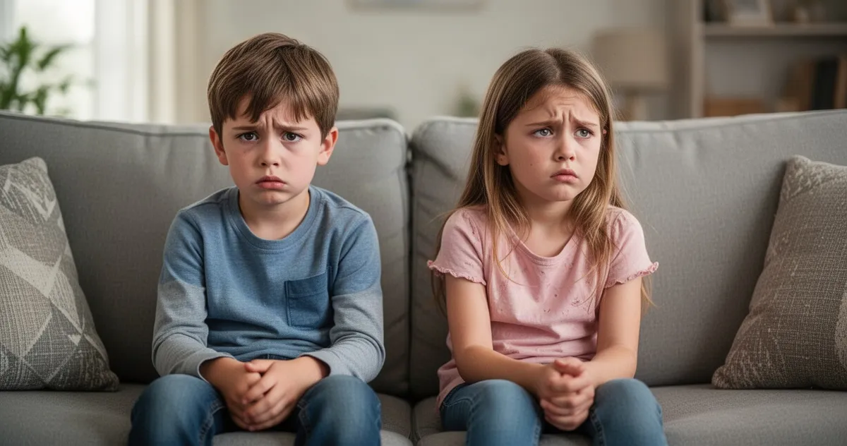 Dwoje dzieci siedzących na kanapie z wyraźnym dystansem emocjonalnym