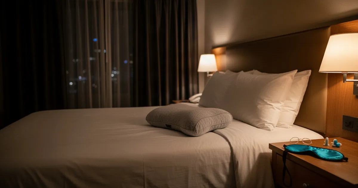 Przyciemniony pokój hotelowy przygotowany do snu