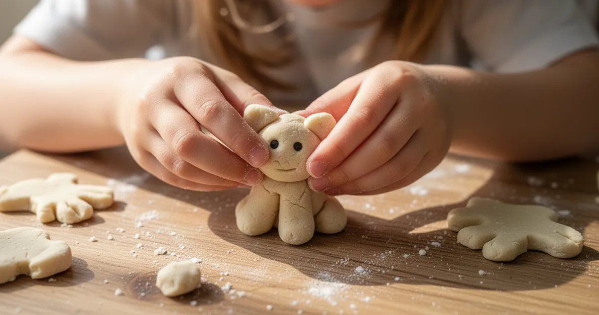 Dłonie dziecka lepiące figurkę z domowej masy solnej