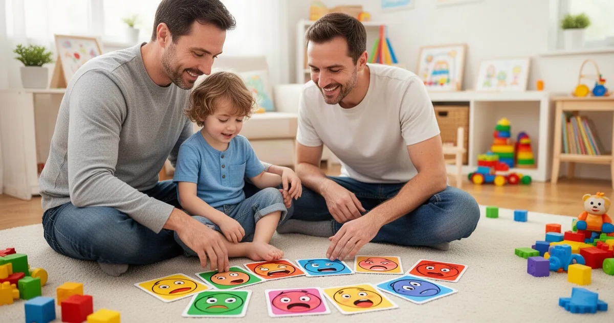 Ojciec z dzieckiem bawiący się kartami emocji