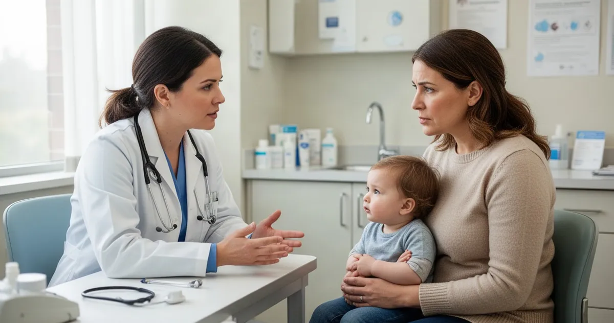 Pediatra wyjaśnia rodzicowi przebieg infekcji u małego dziecka
