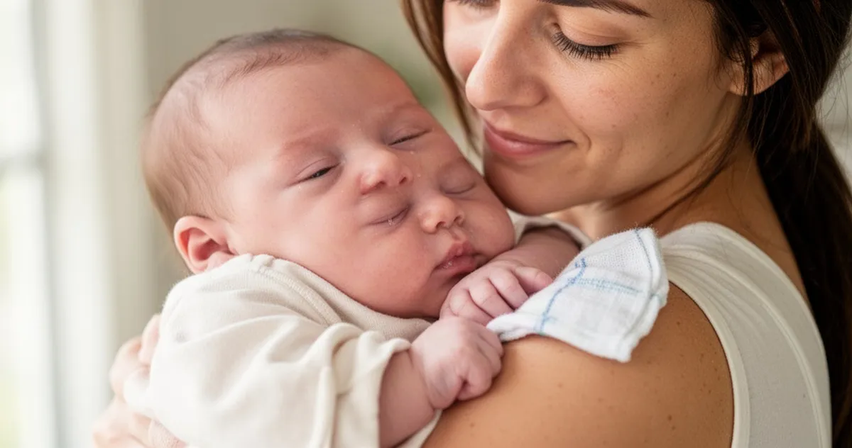 Mama trzymająca niemowlę po karmieniu, na ramieniu ma pieluszkę.