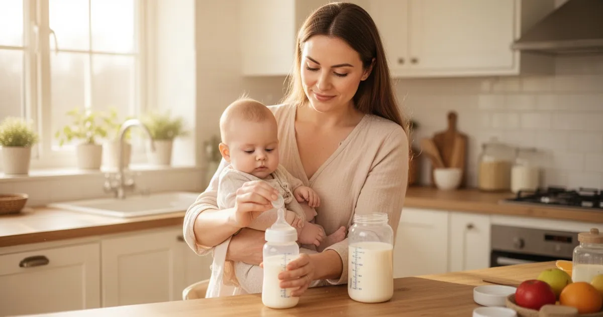 Mama przygotowująca butelkę mleka modyfikowanego dla niemowlęcia