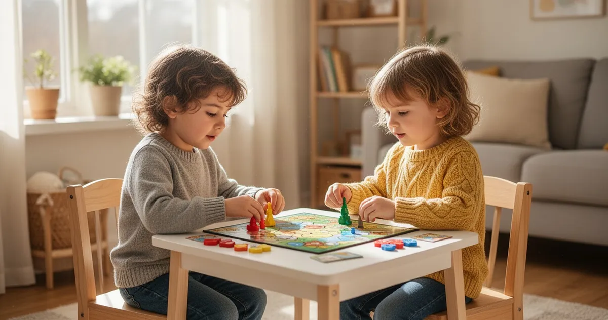 Dwoje dzieci gra w planszówkę przy stoliku w domu