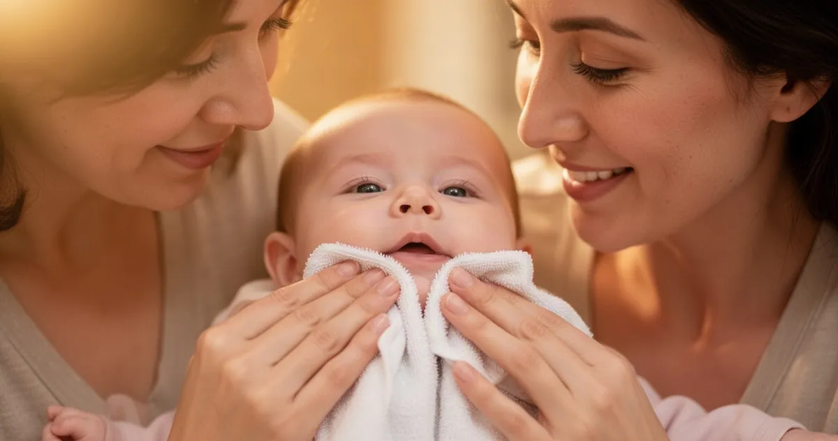Mama delikatnie osusza buzię niemowlęcia
