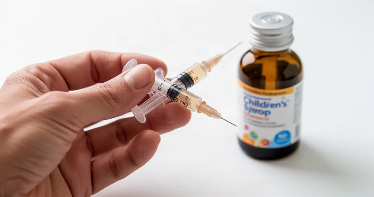 Odmierzanie syropu dla dziecka strzykawką dozującą