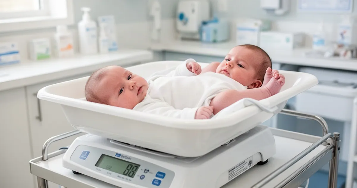 Niemowlę ważone na wadze niemowlęcej u pediatry