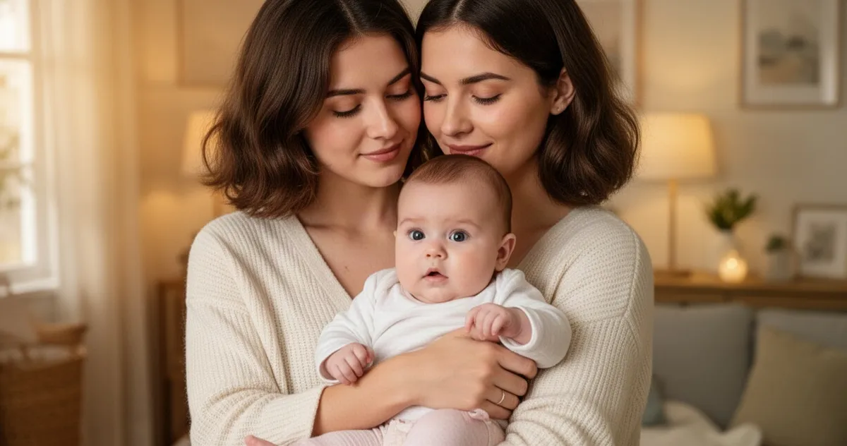 Mama trzymająca niemowlę na rękach w domu