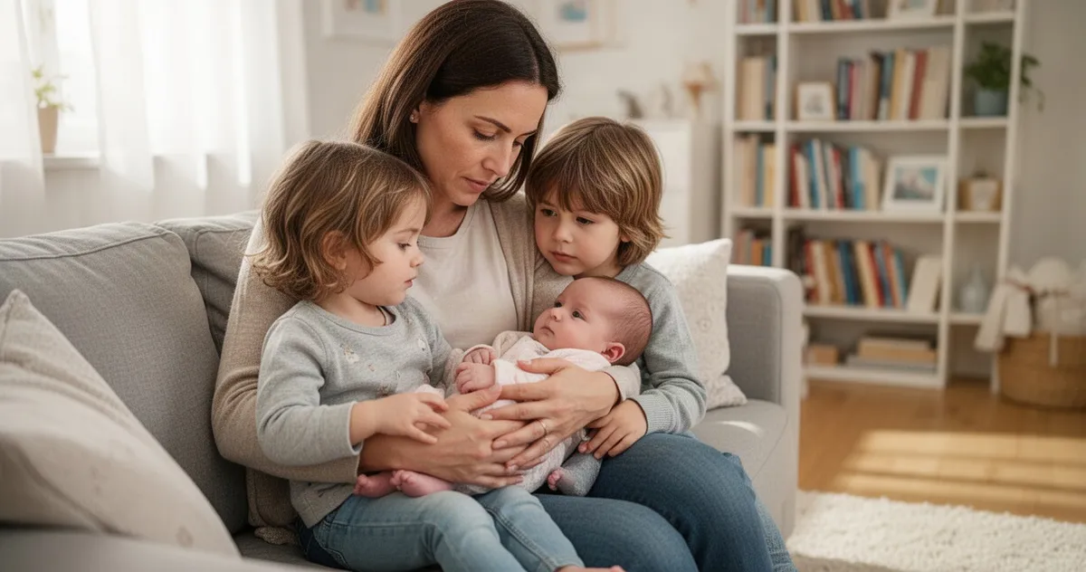 Starsze dziecko i mama trzymają noworodka na sofie w domowym zaciszu